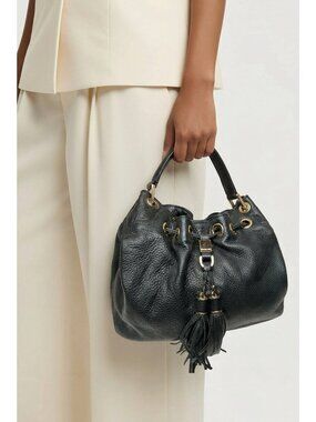 Michael Kors Black Pebbled Leather Bucket Bag Drawstring Tassel Shoulder Bag Gol